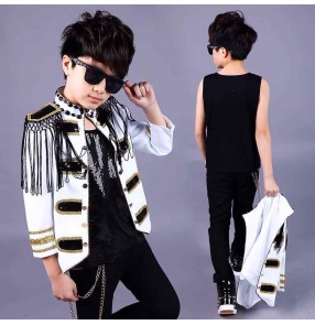 Boys white bing stones jazz dance coats for kids children modern hiphop street dance jackets host singer choir party dress up pianist performance coat